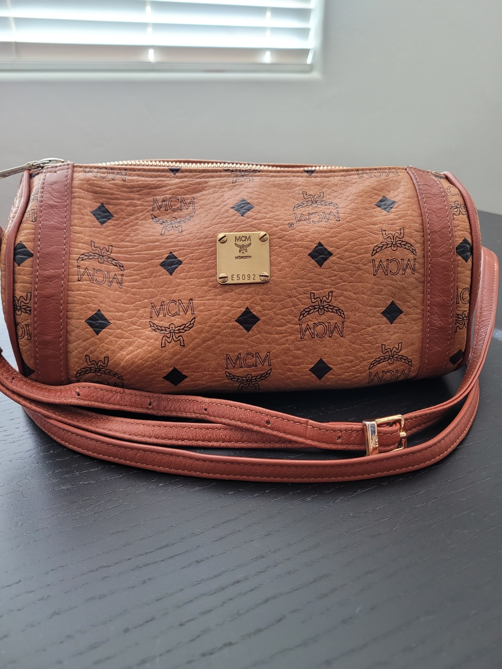 Vintage MCM Cognac Visetos Barrel Crossbody Bag Leather Signature Plaque